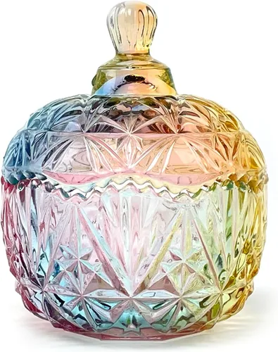 Vista 16 de Tarro de almacenamiento de caramelos de vidrio de cristal colorido con relieve, lujoso recipiente para buffet de galletas con tapas, caja