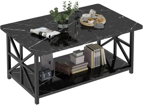 Vista 7 de AWQM Mesa de Centro de Mármol Sintético para Sala de Estar, Mesa de Centro Moderna de 2 Niveles con Almacenamiento, Mesa Central Rectangular