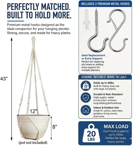 Vista 3 de Bouqlife Perchas para plantas de macramé de 43 pulgadas, grandes para macetas de hasta 12 pulgadas, extra largas con ganchos de lazo resistentes