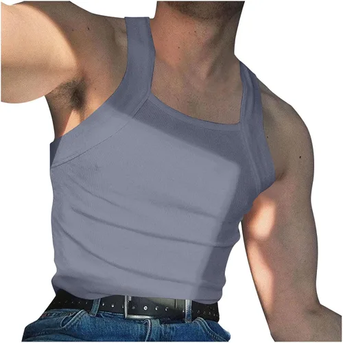 Vista 8 de Generic Camiseta sin mangas acanalada para hombre, corte cuadrado, camiseta sin mangas ajustada, ropa interior de verano, a la moda