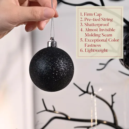 Vista 5 de Valery Madelyn Juego de adornos de Navidad para árbol de Navidad, 24 unidades, adornos de bolas negras inastillables, adorno colgante de 2.36