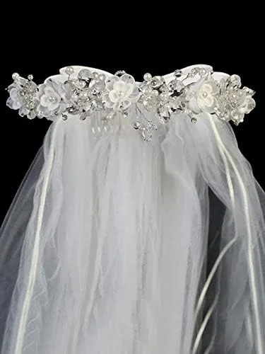 Vista 2 de Velo de primera comunión para niñas, velo de primera comunión, tocado con flores, cristales y perlas, piezas para cabeza para accesorios católicos