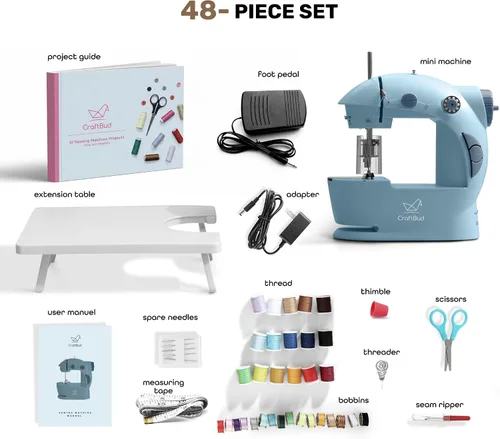 Vista 2 de CraftBud Mini máquina de coser para principiantes, máquina de coser portátil de doble velocidad para niños y adultos con mesa de extensión, juego