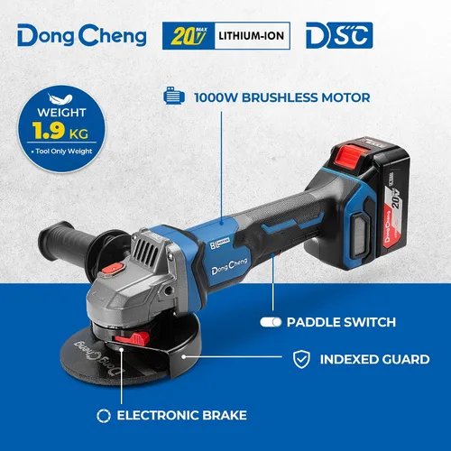 Vista 3 de Dong Cheng Amoladora angular inalámbrica de 20 V 4-1/2 pulgadas, 9000 RPM con interruptor de paleta, herramienta de corte, protección DSC