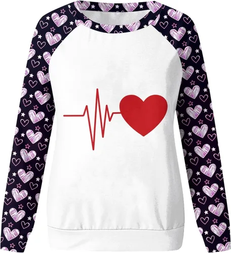 Vista 2 de Sudaderas para el día de San Valentín para mujer, cuello redondo, manga larga, estampadas, blusas casuales con estampado de corazón