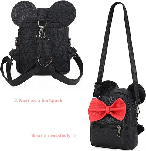 Vista 3 de Mochila convertible con diseño de orejas de ratón y lunares y lazo de lentejuelas para niñas y mujeres Lazo de algodón negro con diseño de lunares