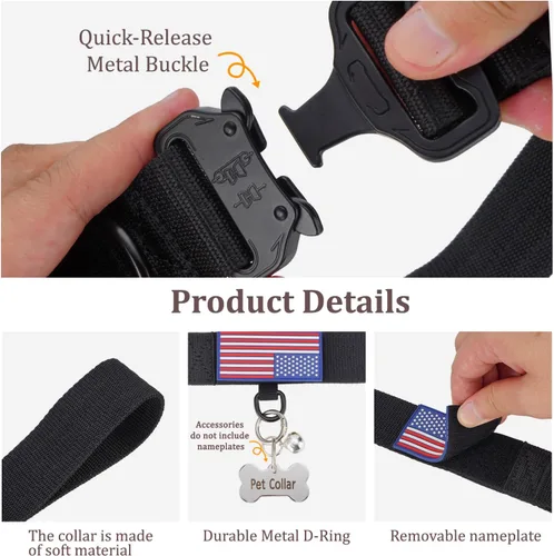 Vista 3 de Collar Táctico de Servicio Pesado para Perro Ajustable de Nailon para Mascotas Hebilla de Liberación Rápida con 2 Anillos en D con Parche para Negro