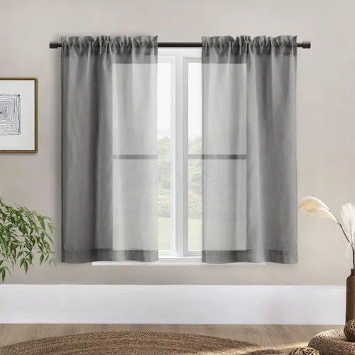 Vista 22 de Cortinas rústicas para ventana de cocina, cortinas de lino transparentes con bolsillo para barra para ventanas cortas, juego de 2 paneles, 42
