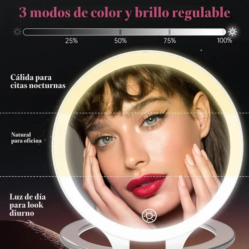 Vista 3 de Espejo de aumento con luz 10X/1X, espejo de viaje de doble cara con luz, espejo de maquillaje recargable con 3 ajustes de color Soporte ajustable
