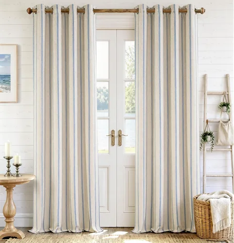 Vista 67 de DriftAway, cortinas de mezcla de lino estilo granja 100% opacas de 63 pulgadas de largo para dormitorio, cortinas de lino con rayas verticales