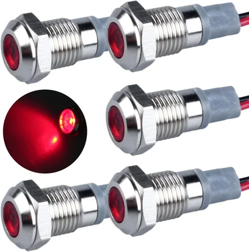 Vista 22 de 5 piezas de luz indicadora LED de 12V-24V de 6mm con orificio de montaje de 1/4" de 20mA, lámpara de señal de metal impermeable IP67 con ahorro