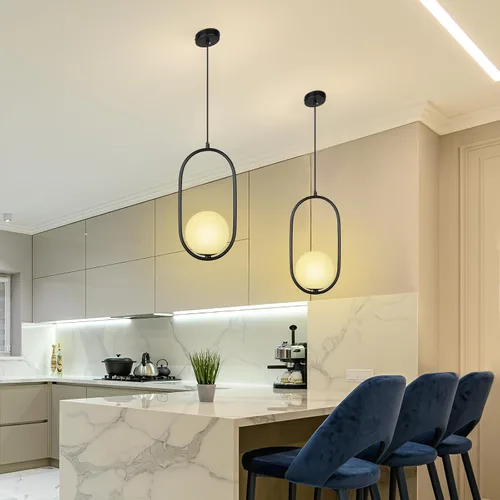 Vista 4 de lobolighting Iluminación colgante moderna, paquete de 2 lámparas colgantes negras de altura ajustable, lámpara de mediados de siglo, globo de vidrio