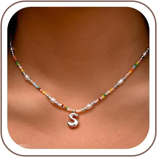 Vista 40 de Ritach - Regalos de Navidad para nietas, adolescentes y niñas, collar con inicial de perlas de colores claros, collar con dije de burbuja dorada