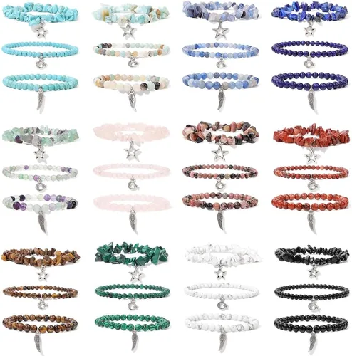 Vista 2 de Juego de 3 pulseras de cuentas de piedra natural para mujeres y hombres, estrellas y luna, alas de ángel, juego de pulseras curativas de reiki