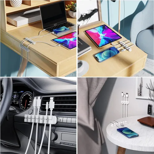 Vista 6 de SOULWIT Soporte de cable mejorado, clips de organizador de cable de gestión de cables de silicona autoadhesivos para cable de carga USB de Blanco