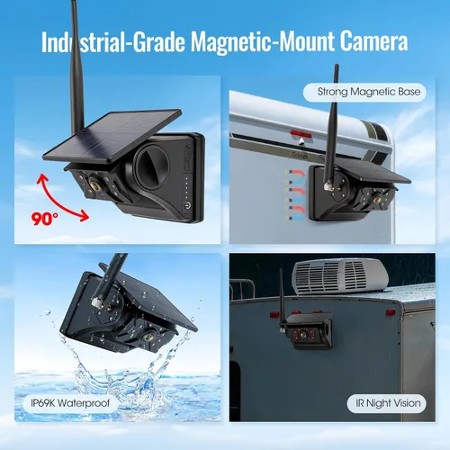 Vista 5 de Sistema de cámara de respaldo inalámbrico solar magnético, pantalla táctil IPS de 7 pulgadas con DVR, cámara de visión nocturna IR recargable