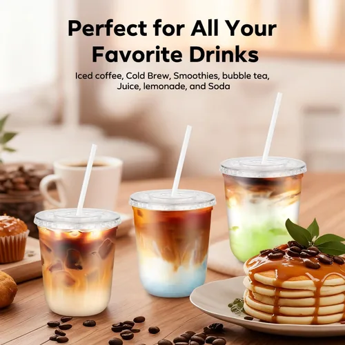 Vista 3 de 100 piezas de 12 onzas. Vasos desechables de plástico con tapas planas y popotes transparentes, vasos de fondo redondo para llevar café helado