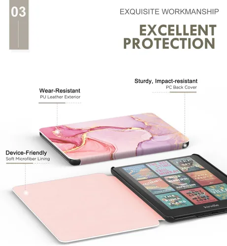 Vista 4 de MoKo Funda para Kindle Paperwhite de 7" 12ª generación 2024/Colorsoft, Pink Mármol de oro rosa claro