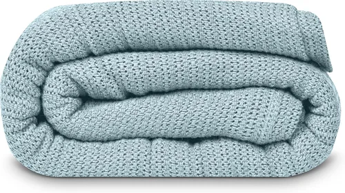 Vista 16 de Linteum Textile Supply Manta de tejido leno azul, tamaño Queen 100% algodón, ligera, cálida, esponjosa, suave y duradera, manta de cama premium
