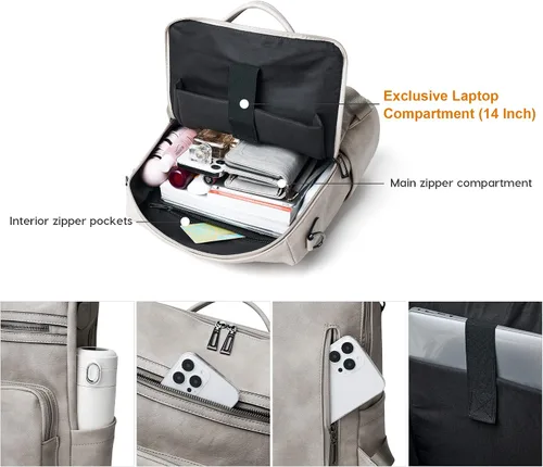 Vista 11 de OPAGE - Mochila de cuero para mujer, con borla de moda, bolso de hombro, mochila grande, bolsa de viaje, gris, L