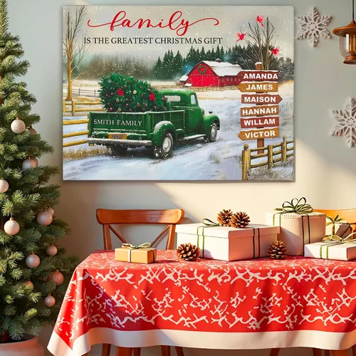 Vista 5 de Easycosy - Lienzo personalizado de Navidad para pared, póster vintage de camión rojo con nombre de familia, impresión en lienzo de Navidad