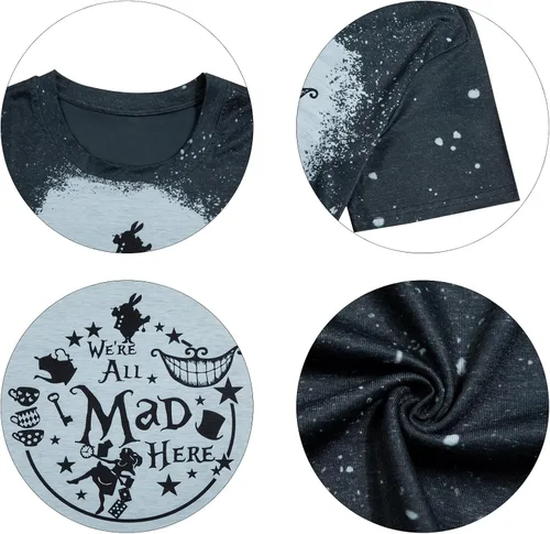 Vista 4 de Camiseta de Alicia en el país de las maravillas para mujer, camisetas de vacaciones con texto en inglés "We're All Mad Here", camiseta de fiesta