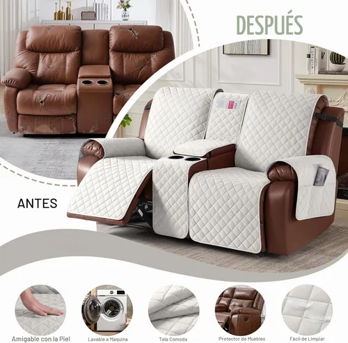 Vista 5 de KinCam Funda 100% Impermeable para Loveseat Reclinable con Consola, Fundas Antideslizantes para Sofá Reclinable de 2 Asientos, Funda para Sofá