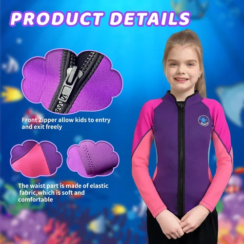 Vista 2 de Traje de neopreno para niños y niñas, 0.079 pulgadas, 0.118 pulgadas, manga larga, cremallera frontal, chaqueta térmica para mantener el calor
