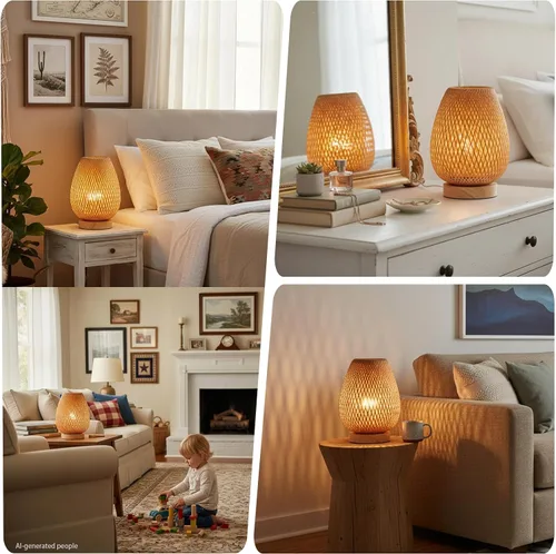 Vista 3 de Lámpara de mesa de tejido de bambú con base de madera natural hecha a mano, luz nocturna de noche para dormitorio, lámpara de escritorio retro, luz