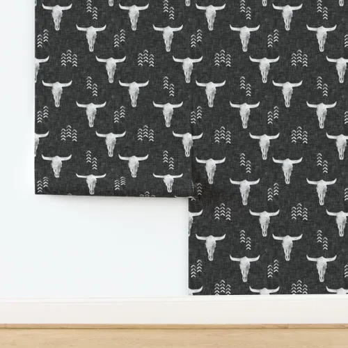 Vista 4 de Muestro de papel tapiz extraíble, diseño de calaveras del desierto, bohemio, inspirado en el suroeste, color gris y vaca, papel pintado prepegado