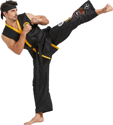 Vista 4 de Disfraz de karate para hombre, de lujo, talla grande, conjunto de uniforme de karate Gi de Halloween, con diadema de cinturón negro, unisex