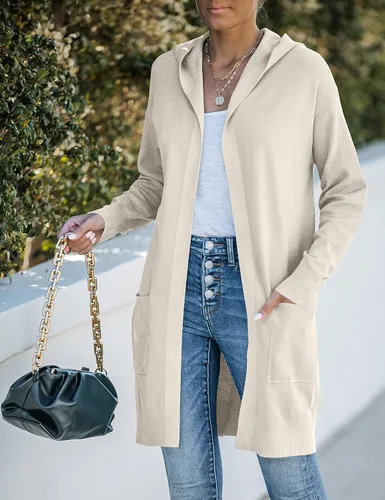 Vista 4 de MEROKEETY - Cárdigan de punto y de manga larga 2023 para mujer, suéter con parte delantera abierta y capucha Beige