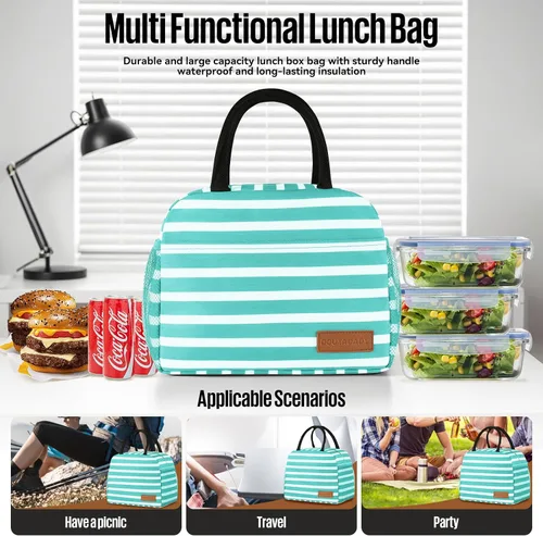 Vista 3 de douyadady Bolsa de almuerzo para mujeres/hombres, fiambrera mujeres/hombres (azul bebé+rayas blancas) Espacioso, ligero, impermeable, resistente