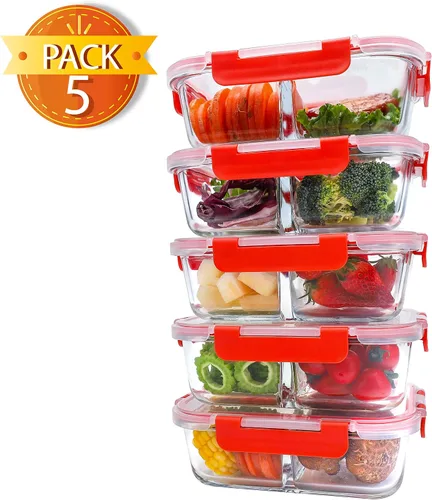 Vista 2 de BlueHills Recipientes de vidrio prémium para preparación de comidas con tapas rojas de cierre a presión, recipientes de alimentos de vidrio sin BPA