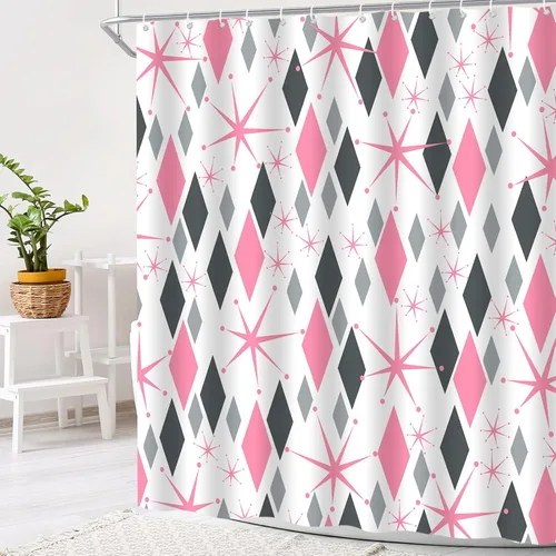 Vista 8 de Mid Century Shower Curtain Modern Blue Grey Abstract Geometric Atomic Vintage 1950s 60s Minimalist Retro Boho Fabric Curtain with Hook