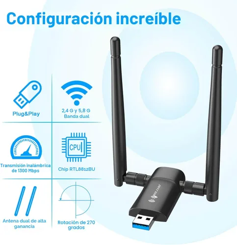 Vista 9 de Nineplus Adaptador WiFi USB inalámbrico para PC - 1300 Mbps Antenas duales 5Dbi 5G/2.4G Adaptador WiFi para PC de escritorio portátil