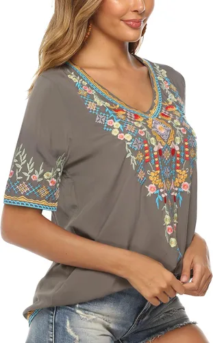 Vista 5 de AK Blusa casual de verano con cuello en V para mujer, estilo bohemio, bordado, mexicano, campesino, de manga corta, blusa casual suelta