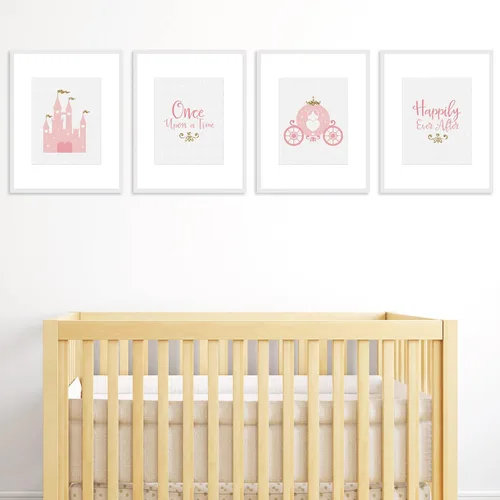 Vista 2 de Big Dot of Happiness Little Princess Crown - Arte de pared de papel de lino sin marco rosa y dorado para habitación de niños y habitación de niños