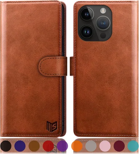 Vista 12 de SUANPOT Funda protectora tipo cartera con función atril para iPhone 15 de 6.1 pulgadas, con soporte para tarjetas de crédito RFID, funda de piel