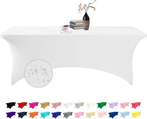 Vista 49 de Paquete de 2 fundas de mesa de elastano impermeables para mesas rectangulares, 6 pies, negras, elásticas, resistentes a manchas, para todas