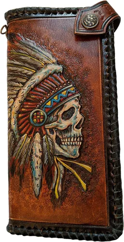 Vista 3 de Indian Chief - Cartera de piel con calavera para hombre, diseño tribal patriótico de nativos americanos con tocado de plumas Apache, billetera larga