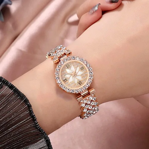 Vista 5 de ADSBIAOYE Relojes de pulsera de lujo para mujer, reloj de pulsera de diamante, reloj de cuarzo casual de moda para mujer 01 oro rosa.