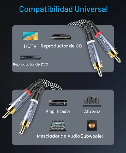 Vista 6 de BlueRigger Cable RCA, 6 pies (2RCA macho a cable de audio estéreo 2RCA, trenzado, chapado en oro, subwoofer) - Compatible con cine en casa
