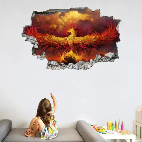 Vista 3 de Phoenix Calcomanías 3D para decoración de pared, calcomanías de pared de animales 3D, calcomanías murales de pared aplastadas, arte abstracto, arte