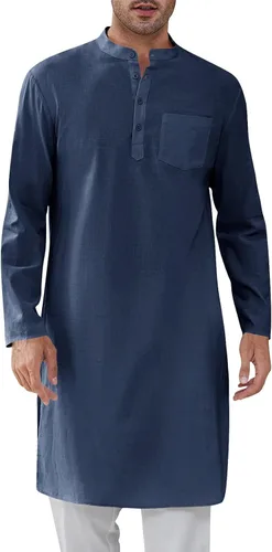 Vista 11 de Bata de caftán para hombre, con botones, manga larga, estilo Henley, de algodón, casual, con abertura lateral Blanco