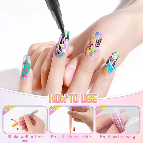 Vista 7 de Juego de bolígrafos de arte de uñas de 12 colores, bolígrafos de esmalte de uñas 3D, bolígrafos de arte de uñas para puntear, dibujar, pintura