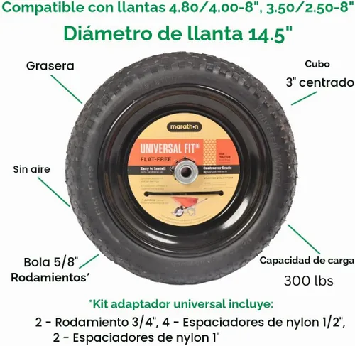 Vista 5 de Neumático Marathon Industries con ajuste universal para carretilla de mano, 3 pulgadas de longitud central; rodamientos de 0.63 pulgadas y kit