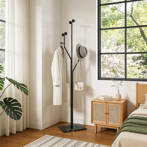 Vista 9 de JIAYUEJU Perchero independiente con forma de árbol de metal con base de mármol resistente, perchero de esquina para dormitorio, entrada, pasillo