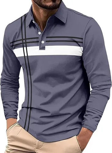 Vista 15 de Polo para hombre, manga larga, ajustado, a rayas, con cuello, talla grande, para golf y otoño