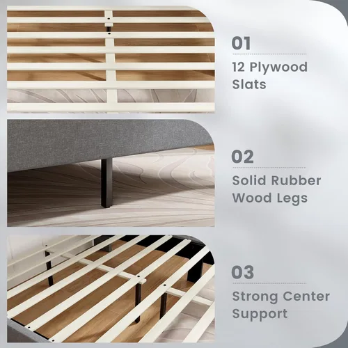 Vista 6 de KOMFOTT Base de cama tapizada tamaño Queen con cabecera con respaldo de ala, plataforma moderna con soporte de listones de madera, base de colchón